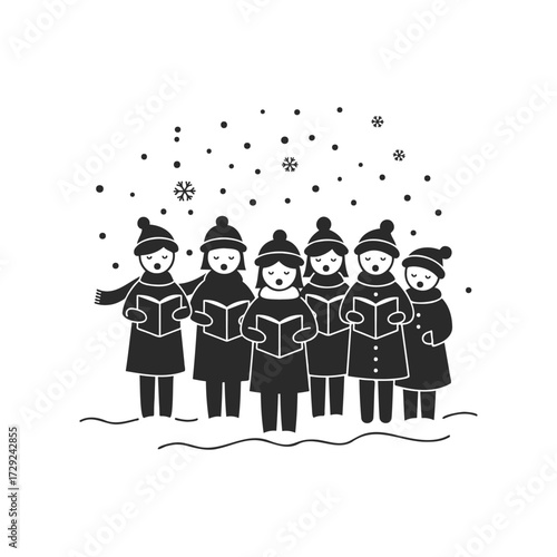 Silhouette of group singing christmas carols in winter attire with snowfall