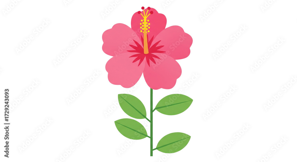 Naklejka premium Vibrant pink tropical hibiscus flower with green leaves and stem in a simple flat design vector illustration on a clean white background.