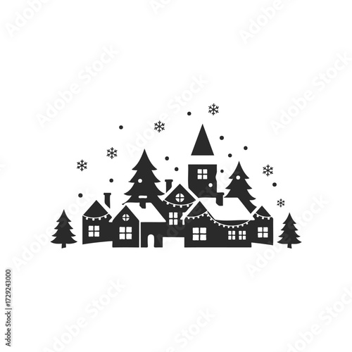 Silhouette of winter wonderland village with snowflakes and pine trees