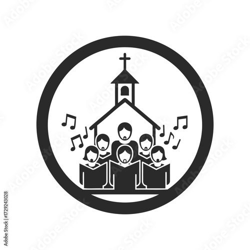Church choir singing icon with music notes and christian cross