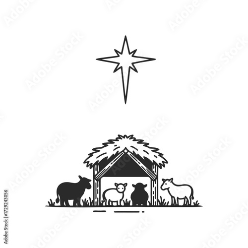 Nativity scene with animals and star in minimalist style