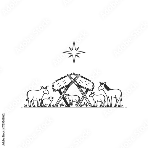 Minimalist nativity scene with animals and star illustration