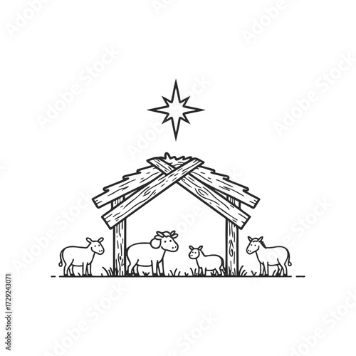 Simple nativity scene with farm animals under star outline