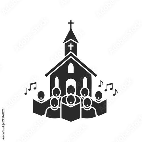 Silhouette of church choir singing with music notes