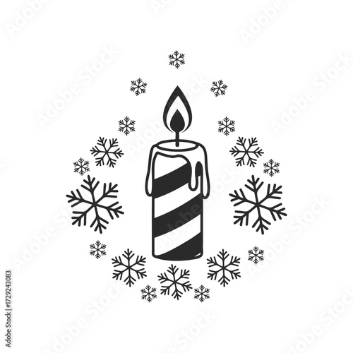 Striped candle with dripping wax surrounded by snowflakes
