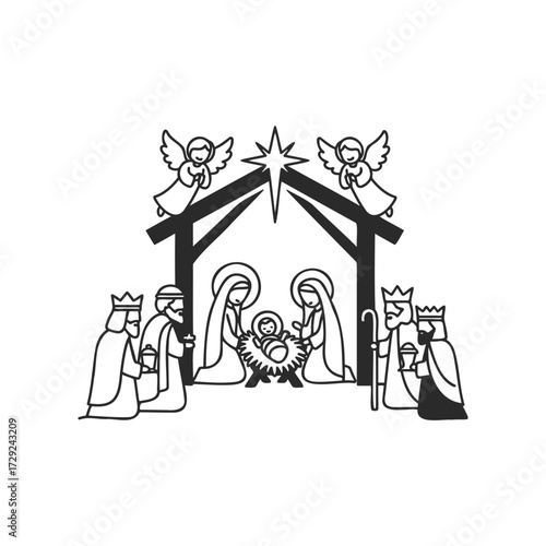 Nativity scene: holy family, wise men, angels, and shepherds in christmas manger