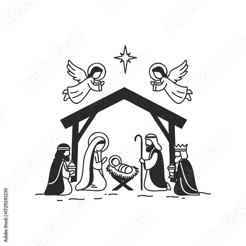 Nativity scene with angels and three wise men in black and white illustration