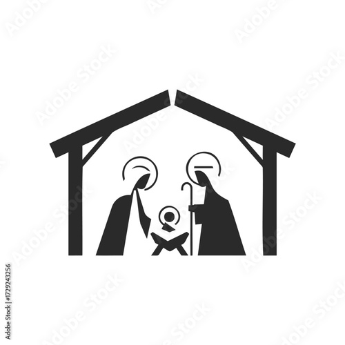 Silhouette of nativity scene with holy family in manger