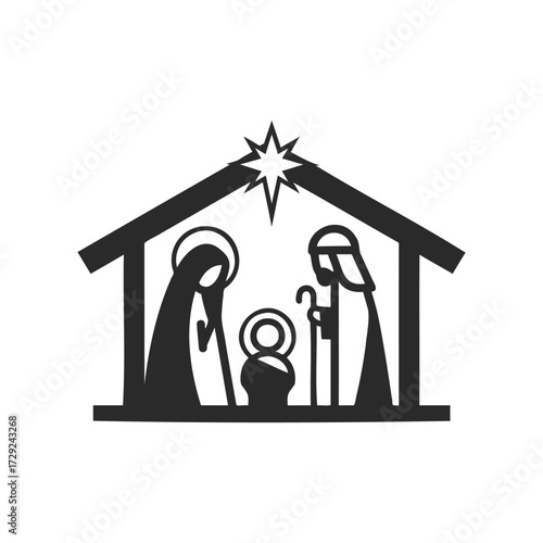 Black silhouette nativity scene with star featuring mary, joseph, and baby jesus