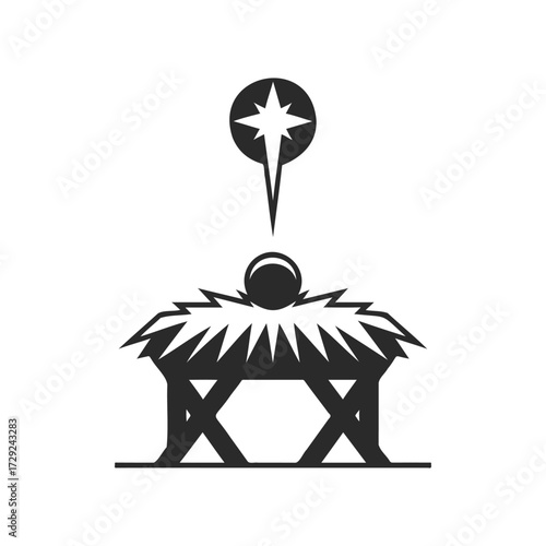 Minimalist manger with star symbolizing nativity scene in black and white
