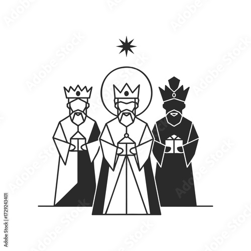 Three wise men icon: black and white illustration of the biblical magi