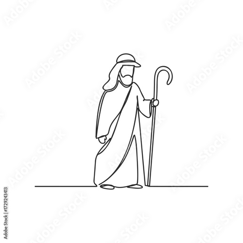 Minimalist line art of bearded man with shepherd's crook in robe and hat
