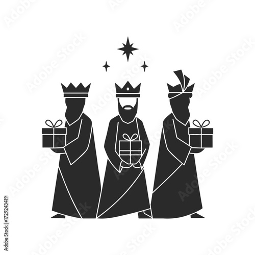 Silhouette of three wise men bearing gifts under the star of bethlehem