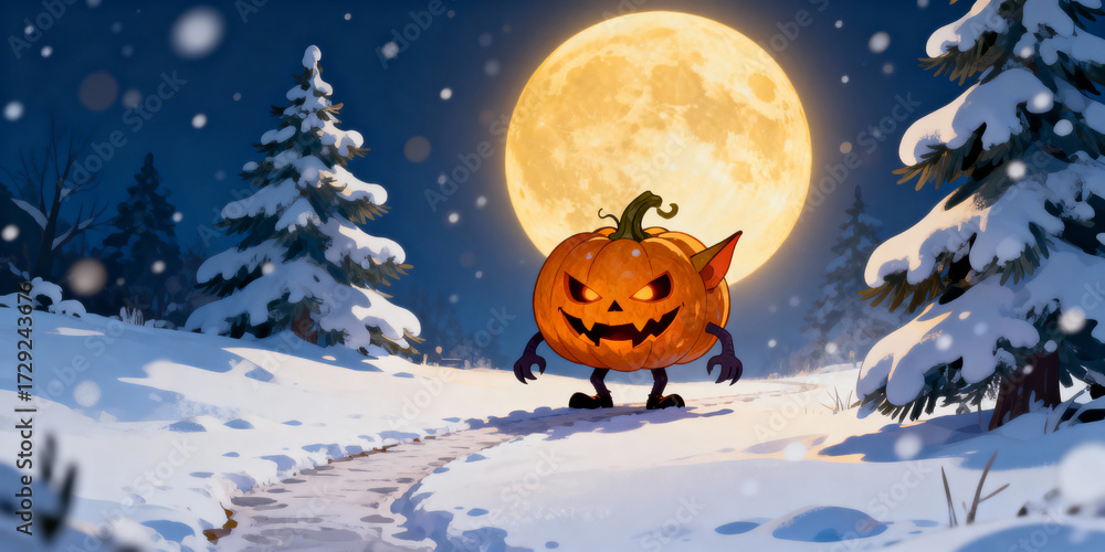 Fototapeta premium Pixelated Jack O Lantern Character in Snowy Landscape with Full Moon and Snowfall