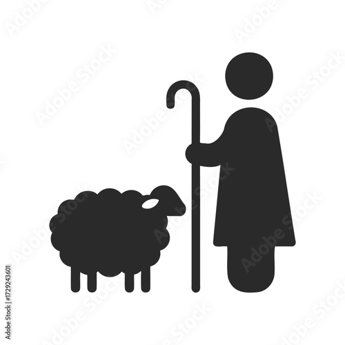Shepherd silhouette with sheep and crook icon on white background