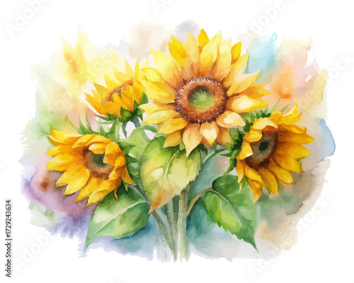 Watercolor Summer Sunflower Bouquet Hand Painted 