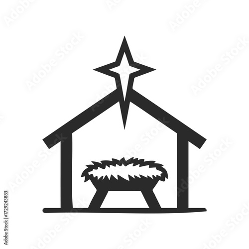 Minimalistic nativity scene with manger and star silhouette