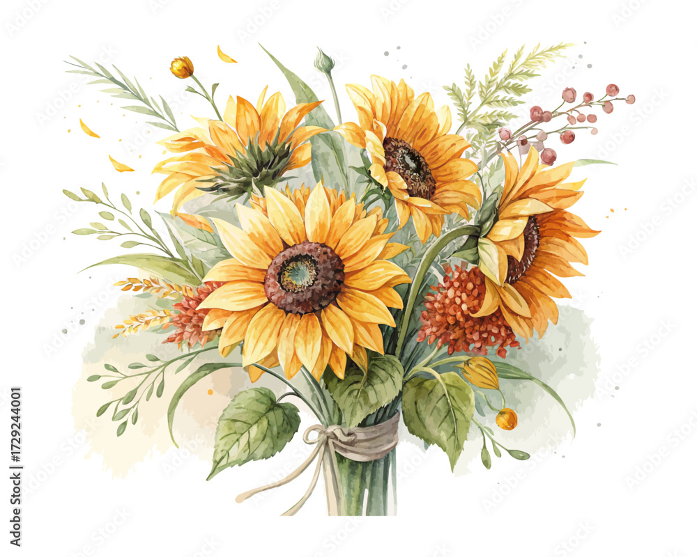 Naklejka premium Watercolor Summer Sunflower Bouquet Hand Painted Isolated on White background