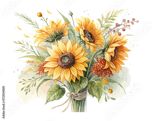 Watercolor Summer Sunflower Bouquet Hand Painted Isolated on White background
