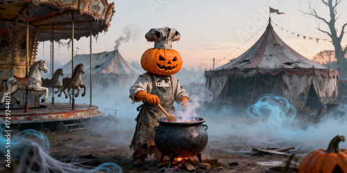 Pumpkin Headed Chef Stirring Cauldron At Dusk By Vintage Carnival With Carousel And Circus Tents Under Sky