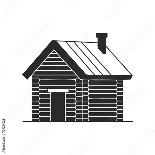 Simple black and white log cabin illustration with chimney