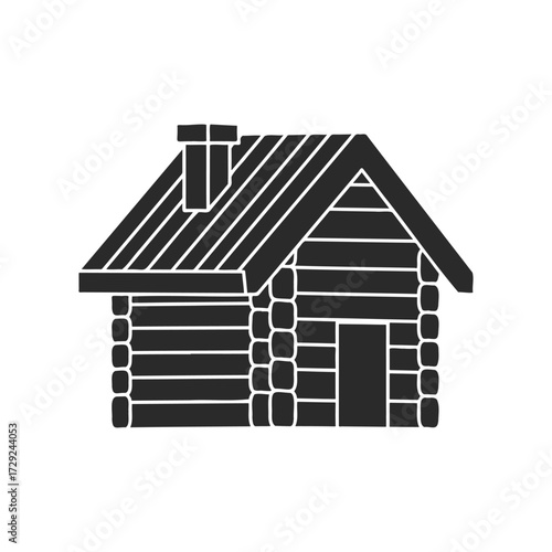 Black and white log cabin illustration with chimney