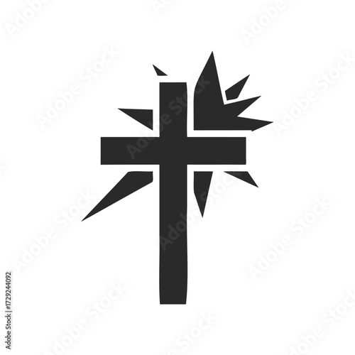 Black cross with abstract shattered design on white background