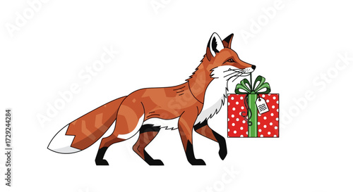  fox carrying a festive holiday gift box