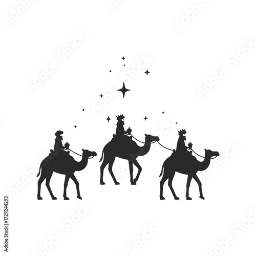 Silhouette of three kings on camels following stars in night sky