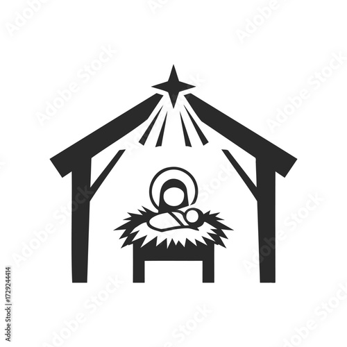 Simple black nativity scene silhouette with manger and guiding star