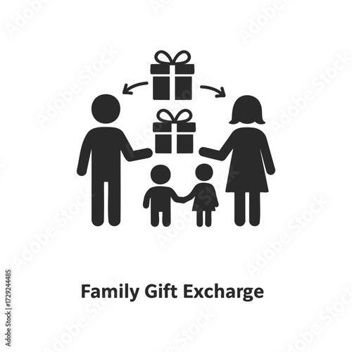 Family gift exchange icon: parents and children exchanging presents
