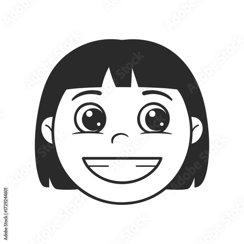 Smiling cartoon face of young asian female child with short hair on white background