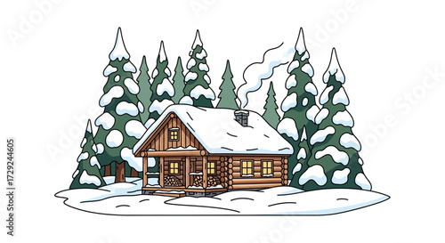 Cozy wooden cabin nestled in a snowy evergreen forest