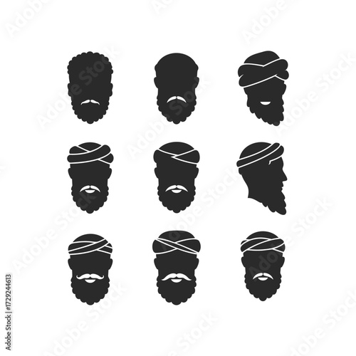 Silhouette icons of diverse male hairstyles and beards with turbans