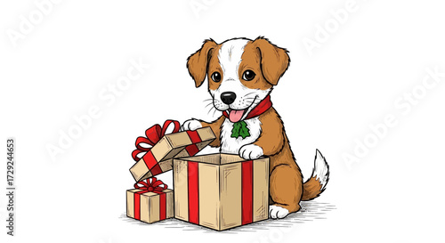Puppy eagerly unboxing a Christmas gift