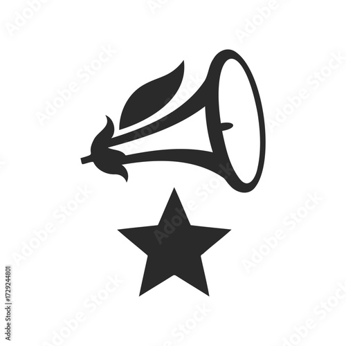 Monochrome bullhorn and star icon with leaves in minimalist style