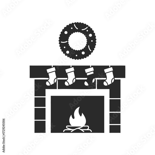 Christmas fireplace with wreath and stockings silhouette design