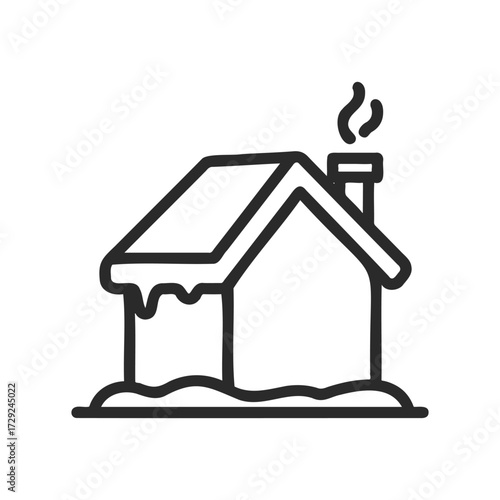 Simple outline of a snow-covered cottage with smoking chimney