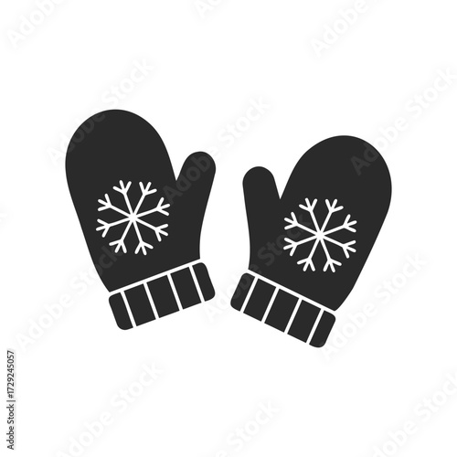Black winter mittens with snowflake design on white background
