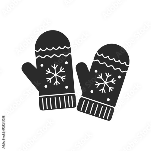 Black winter mittens with snowflake and zigzag patterns