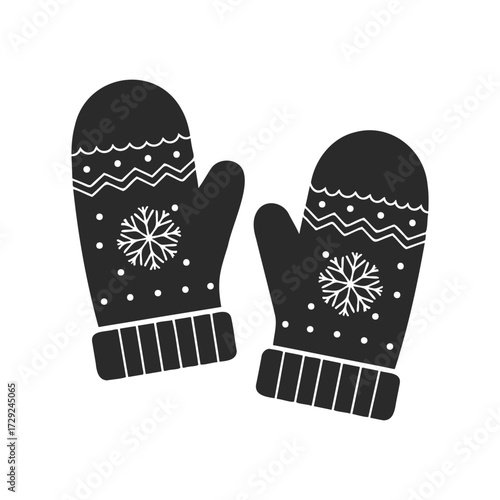 Black winter mittens with snowflake and zigzag patterns on white background