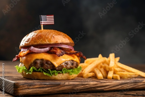 Juicy american cheeseburger with bacon, red onion, lettuce, and a small us flag, served with golden french fries on a wooden board with a dark background