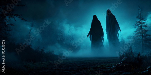 Two Pixelated Figures in Dark Blue Misty Forest at Night