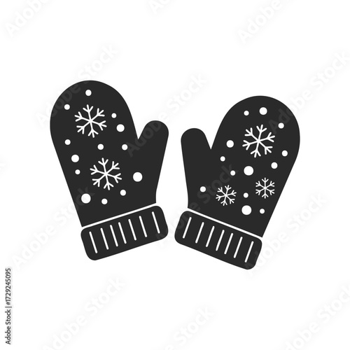 Black winter mittens with snowflake design on white background