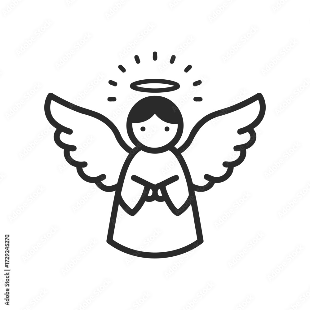 Fototapeta premium Simple black and white angel illustration with halo and wings