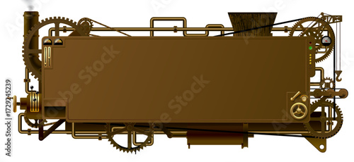 A brown industrial banner and frame in the form of a rusty metal complex fantastic machine with gears, levers, pipes and other equipment isolated on white. 
Vector illustration in 3d style