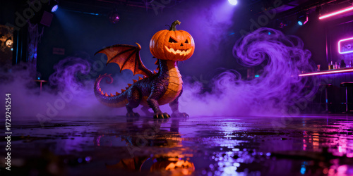 Whimsical Halloween Dragon with Pumpkin Head in Smoky Nightclub with Reflective Floor