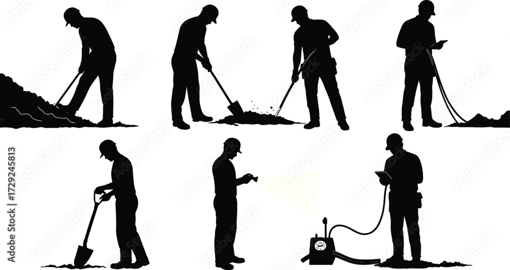 Obraz premium Silhouettes of construction and field workers using shovels, surveying devices, and technology tools for excavation, measurement, digging, and infrastructure maintenance illustration