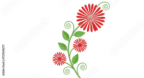 Bright red flowers with green leaves and whimsical swirls on a decorative stem, isolated floral illustration for spring designs