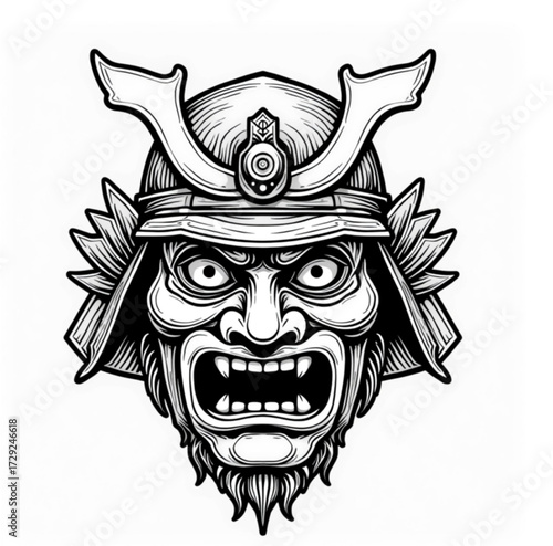 Samurai's Grasp: A striking, illustration of a samurai, captured in a detailed, traditional black and white style.